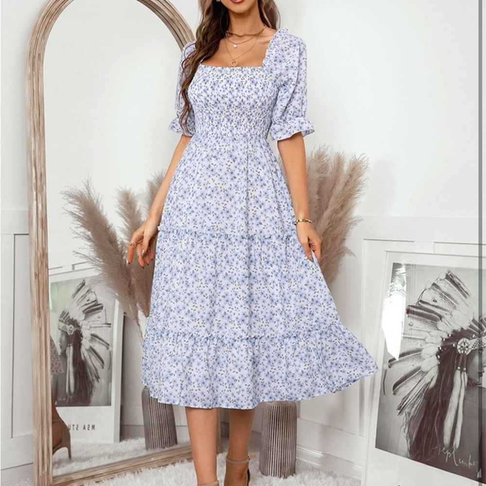 Boho Floral Dresses for Women Elastic Bust Square Neck